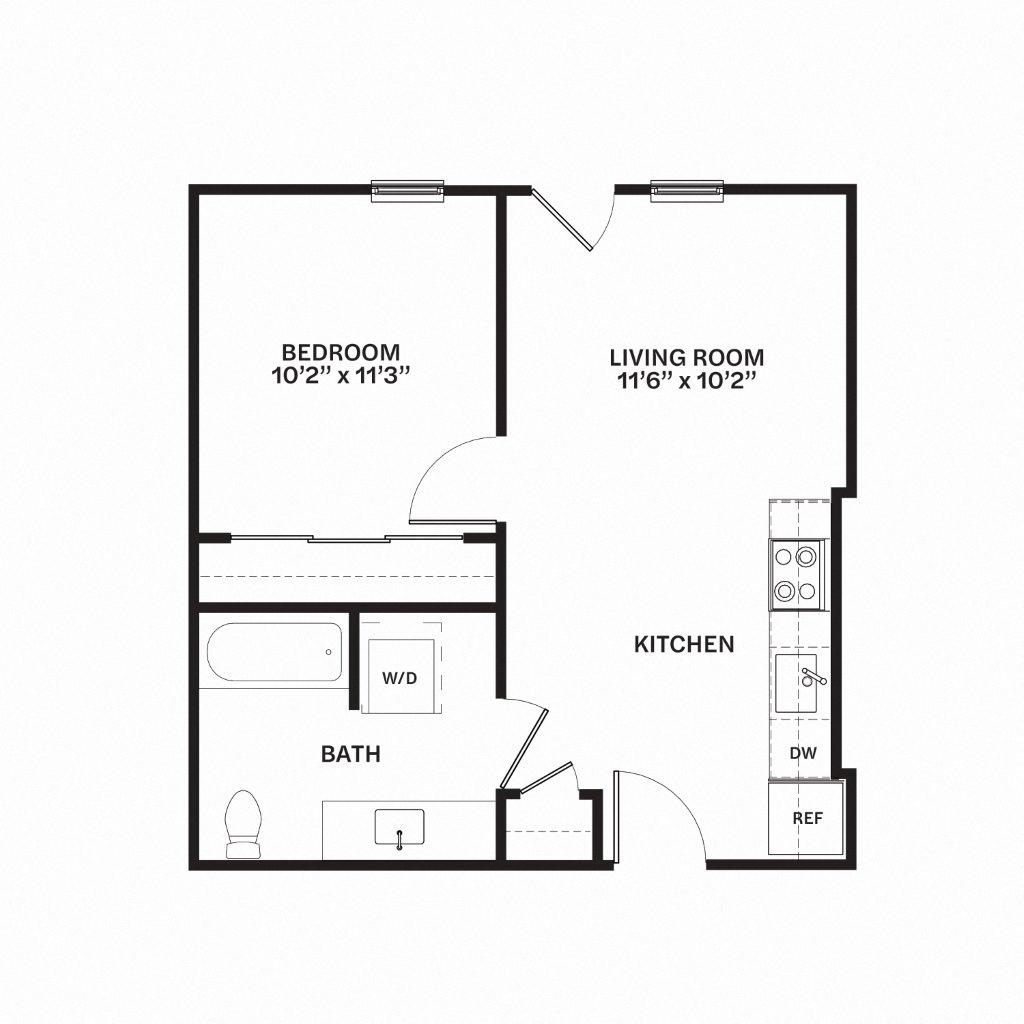 Floor plan for 1 bed, 1 bath, 563 sqft